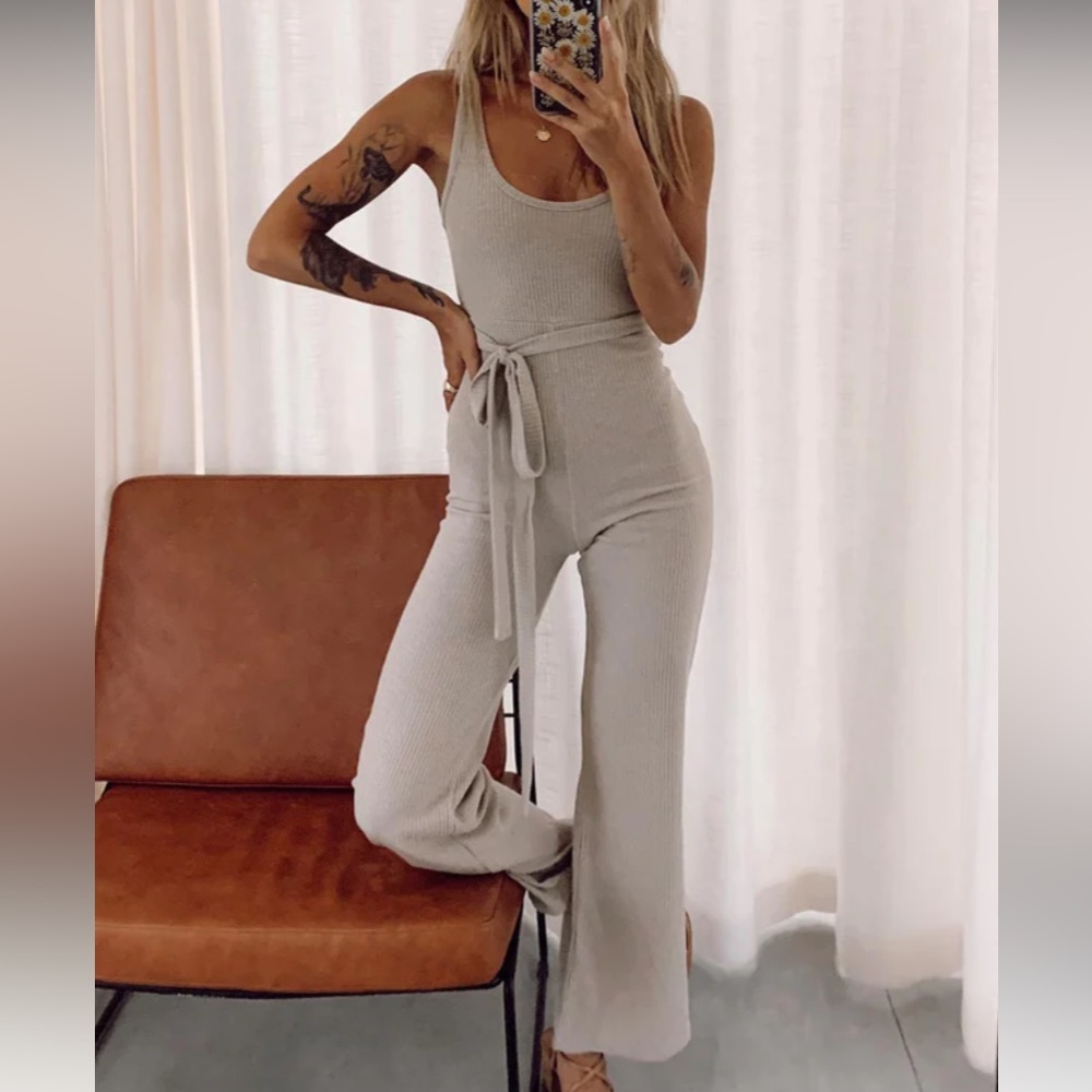 Princess Polly Ribbed Scoop-Neck Jumpsuit in Light Beige